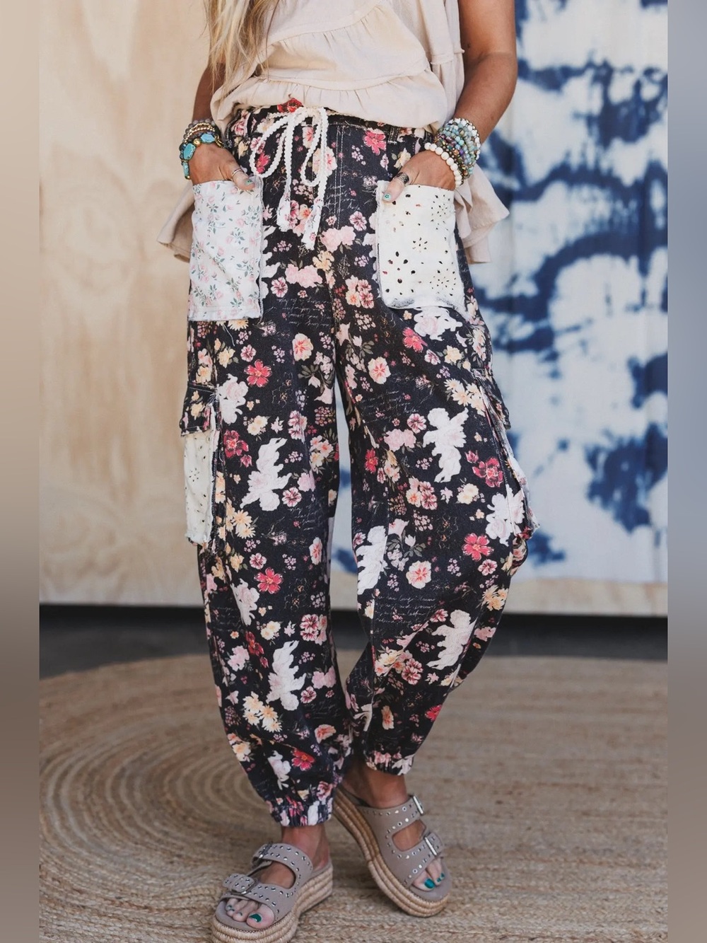 POL Boho Washed Black Floral Drawstring Jogger Pants - Picture 2 of 10